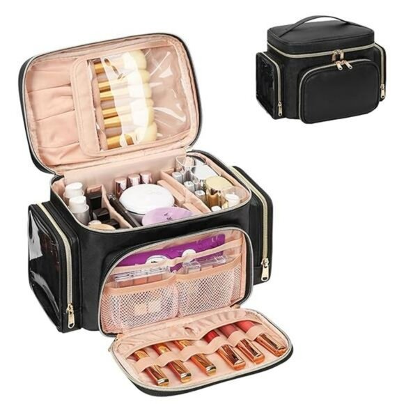 Large Travel Makeup Bag Black Cosmetic Organizer with Brush and Side Pockets - Picture 7 of 7